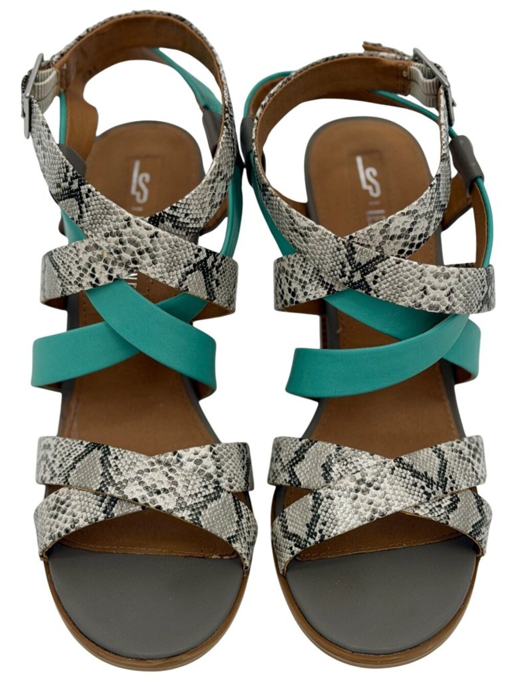 Leila Stone Seafoam Green Snake Print Strappy Heeled Sandals 9.5 | Indie Sleaze - Picture 11 of 16